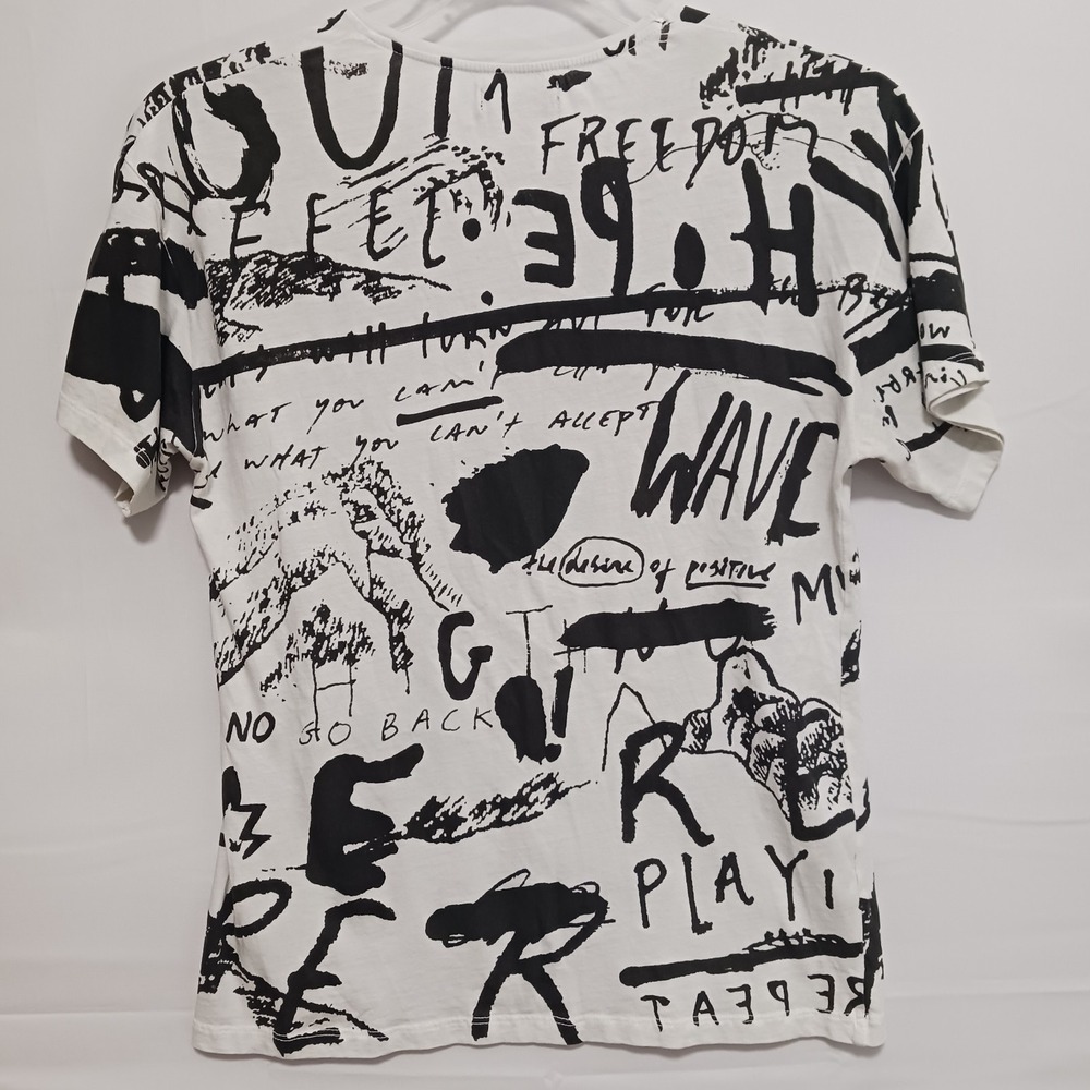 Zara Man White t-shirt with Black Graffiti Writing Sz S - Picture 2 of 9